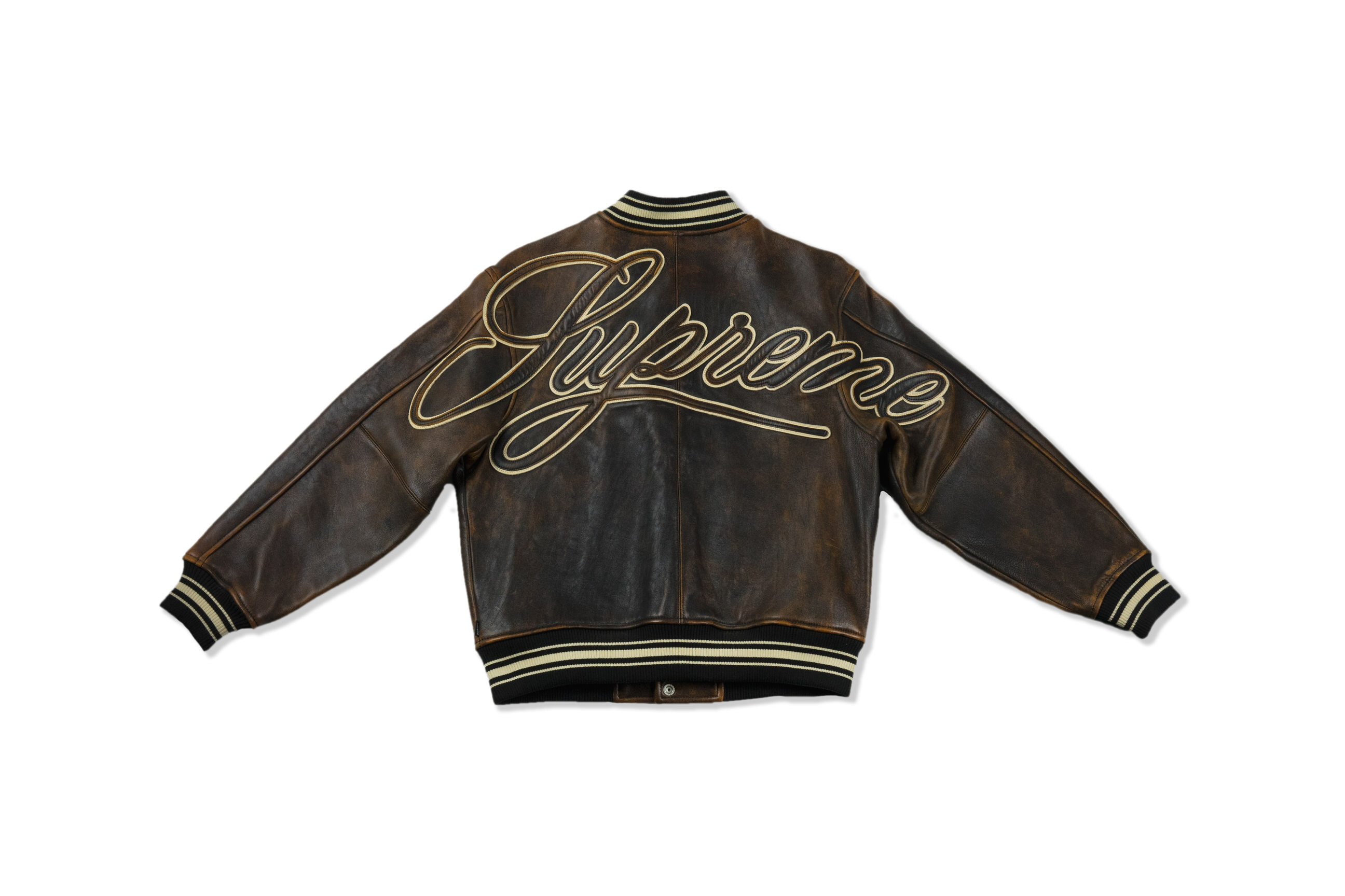 Supreme Worn Leather Varsity Jacket Black GLAB.VN